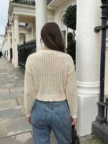 FOR BEAUTY Women's Y2K Apricot Round Neck Single-Breasted Short Knit Cardigan Jacket, Elegant Casual Commuter Outerwear - Light Apricot - View 8