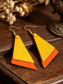 1 Pair Retro Minimalist Orange-Yellow Contrast Double-Layer Triangle PU Leather Earrings, Versatile Spring/Summer Jewelry - Orange - View 4