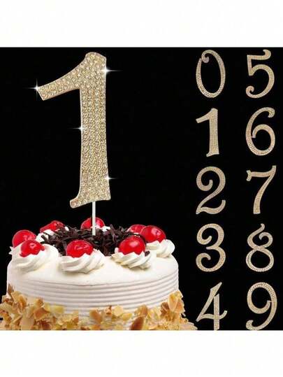 1pc Large Number 0 1 3 4 5 6 7 8 9 Birthday Cake Topper, Gold Bling Rhinestone Happy Birthday Cake Topper, No 1 10 16 18 21 30 40 50 60 70 80 Cake Toppers For Birthday Party Wedding Anniversary Decorations