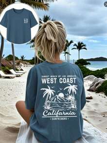 Summer Tops Mother's DayWomen's New Summer Casual Round Neck Short Sleeve T-Shirt, Simple Versatile Palm Tree Slogan Print, Suitable For Daily Wear. Graphic Tee, Women's T-Shirt Top Vacation.Loose And Comfortablesummer Clothes Easter - 灰藍色 - 查看 1