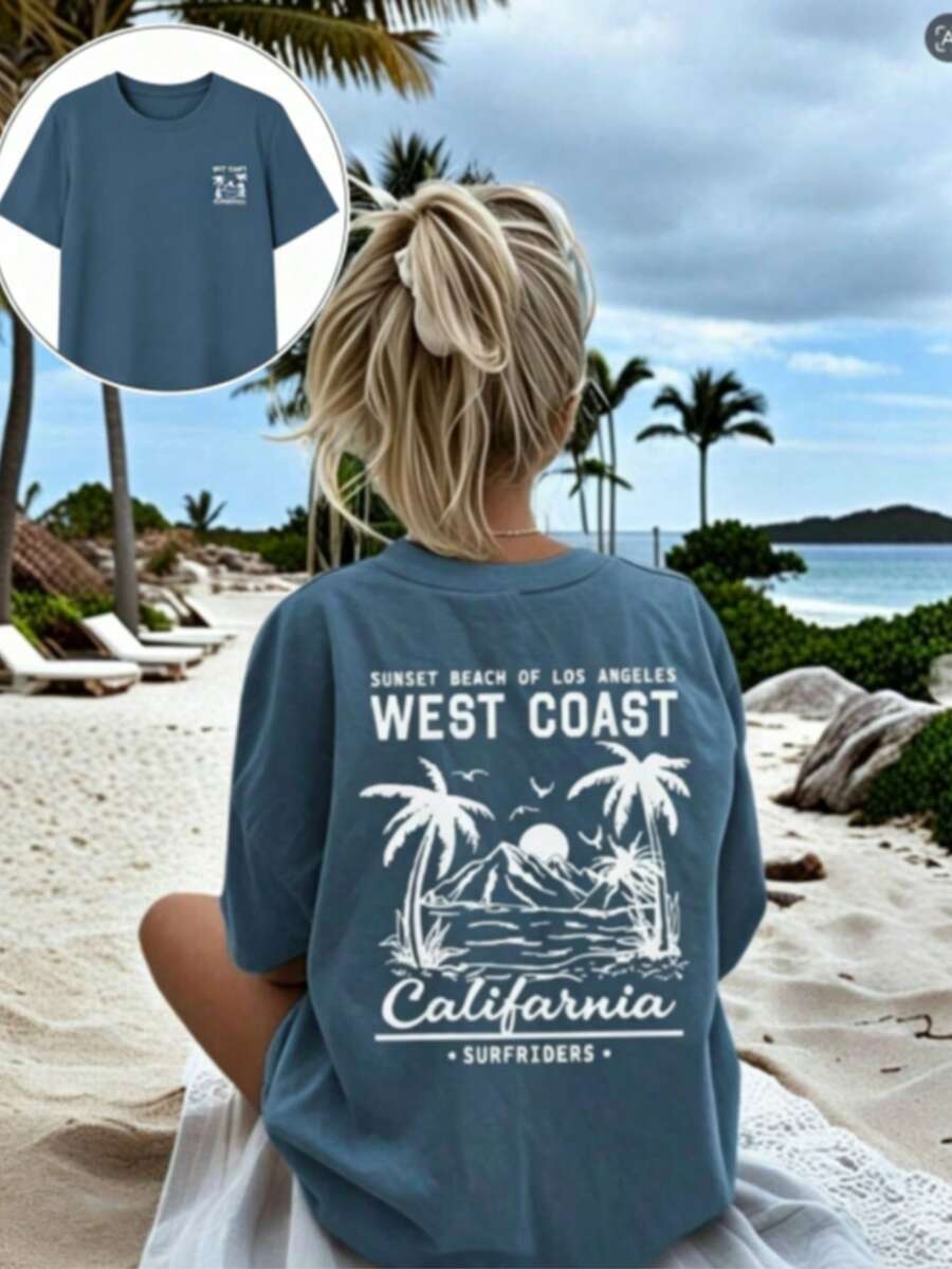 Summer Tops Mother's DayWomen's New Summer Casual Round Neck Short Sleeve T-Shirt, Simple Versatile Palm Tree Slogan Print, Suitable For Daily Wear. Graphic Tee, Women's T-Shirt Top Vacation.Loose And Comfortablesummer Clothes Easter - 灰藍色 - 查看 1