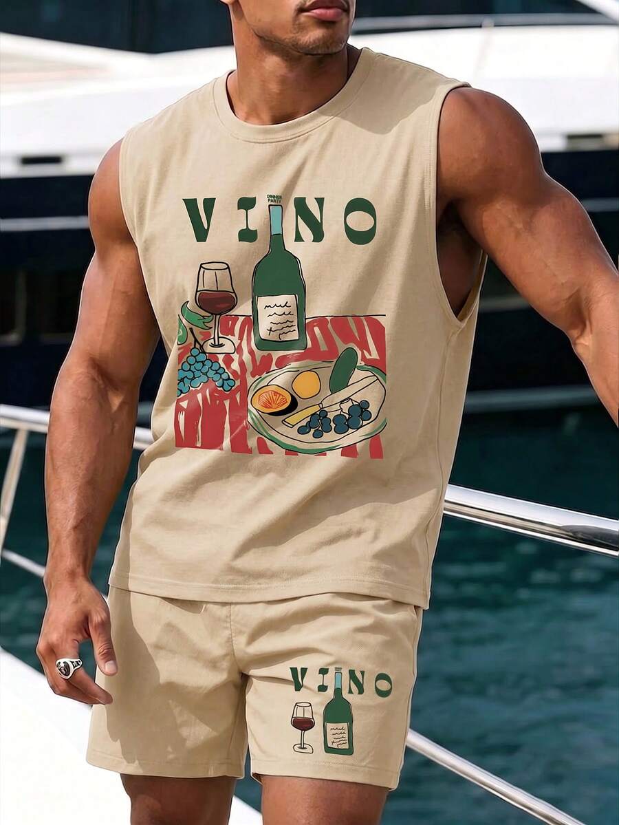 Bộ đồ nam mùa hè cổ tròn, kiểu dáng thường ngày gồm áo tank top và quần short. - Màu be - Xem 1