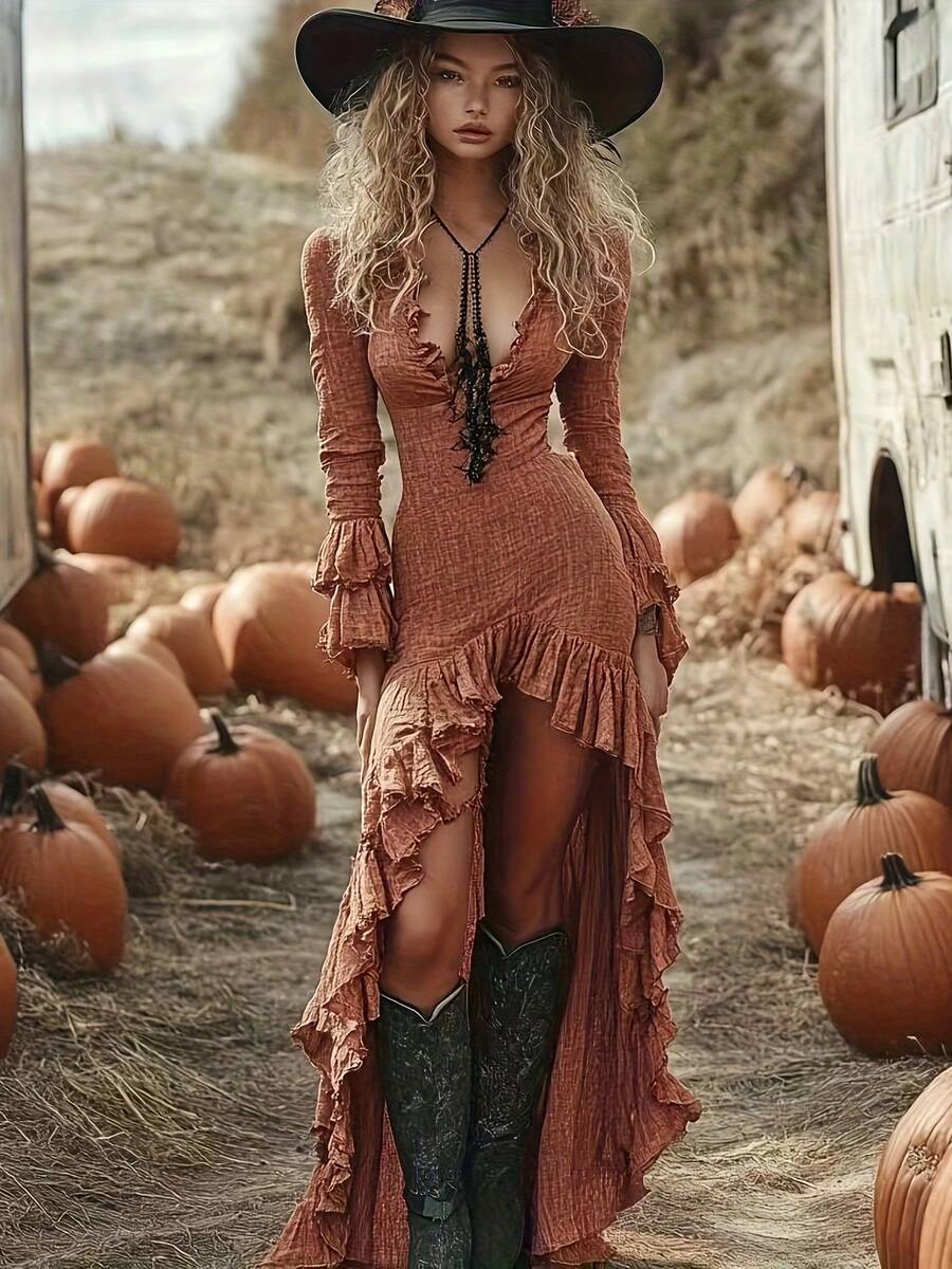 Vestido asimétrico bohemio de longitud media con volantes plisados para mujer - amarillo ganso - Ver 1
