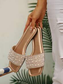 Women's One-Strap Rhinestone Sandals, Casual Versatile Outdoor Plastic Flat Slippers - Champagne - View 7