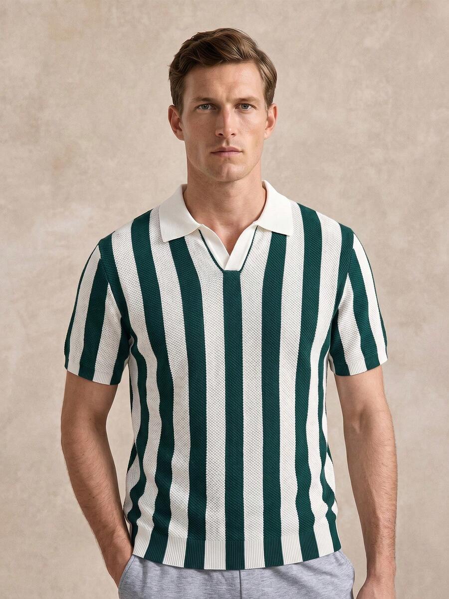 Courvante Camiseta polo de manga corta con media cremallera para hombre, cómoda y casual, con estilo retro, de rayas, cuello de solapa, verde, para golf, tenis, verano, regalo del Día del Padre, con puños acanalados, moda deportiva, para novio, atuendos para hombre - Verde - Ver 1