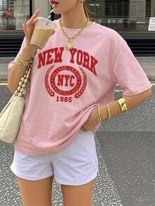女款寬鬆版型 NEW YORK NYC 圖案 T-shirt，經典校園風印花，Y2K 休閒街頭風，夏季日常上衣 - 粉色 - 查看 6