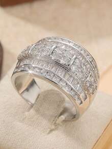 1 Stück eleganter Ewigkeitsring für Frauen, besetzt mit funkelnden kubischen Zirkoniasteinen - königliches Design mit breitem Band, geeignet für Hochzeiten, Alltagstragen, Partys, alle Jahreszeiten, unverzichtbares elegantes Accessoire für den Alltag | glänzender Ring | beständiges Metall - Silber - Übersicht 8