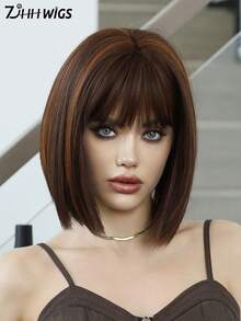 7JHH WIGS 蜜棕色波波头假发，12英寸，时尚简约短直发，带刘海，棕色底色混合金色挑染，优质丝滑耐热合成假发，适合日常佩戴、节日派对、角色扮演等场合，是女孩的理想礼物。 - 挑染棕色 - 查看 5