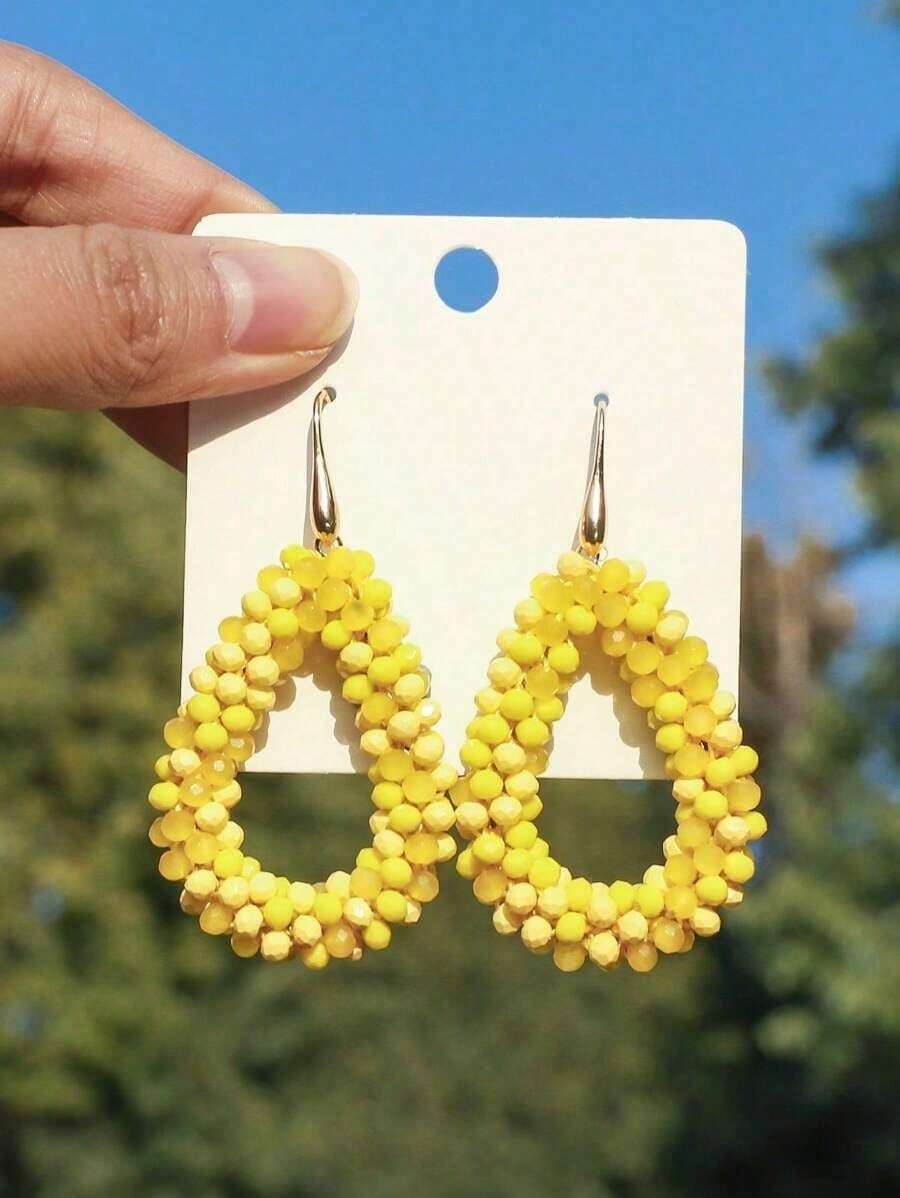 1 Pair Vintage Elegant Fashion Hollow Geometric Handmade Crystal Hoop Earrings, Luxury Handwoven Burgundy Beaded Hoop Earrings Suitable For Valentine's Day, Music Festival, Wedding, Gift For Friends And Lovers, Suitable For Women's Daily, Vacation, Party Wear (Handmade Beaded Color And Position Random) - 深灰色 - 查看 1