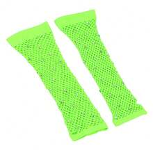 2pcs 1980s Neon Street Party Punk Style Rhinestone Fishnet Fingerless Gloves, Halloween Party Celebration, Mother's Day Gift - Multicolor - View 3