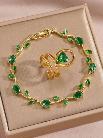2 pièces Ensemble de bracelet et bague à fleurs et feuilles, plaqué or 18 carats avec vert, bracelet à chaîne délicate, convient pour le port quotidien des femmes, également idéal pour le mariage, les rendez-vous, l'anniversaire, la fête des mères, Noël, le carnaval, la fête de mariage/réunion/accessoire, la Saint-Valentin, les bijoux bohèmes, cadeau pour demoiselle d'honneur