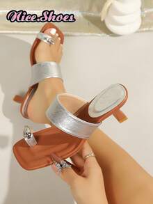 Giày sandal cao gót mũi nhọn hai quai kiểu dáng tối giản mùa hè mới, thích hợp đi làm, hẹn hò, mặc hàng ngày, phong cách thanh lịch Pháp màu trắng/đen. - Bạc - Xem 1