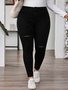 Dark Blue Washed Denim Skinny Jeans With Rips, Curvy Size, Fitted And Medium Stretch - Black - View 1