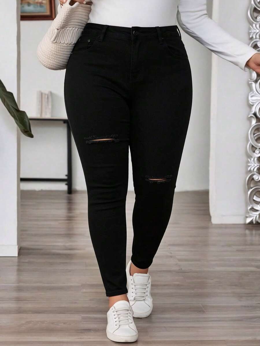 Dark Blue Washed Denim Skinny Jeans With Rips, Curvy Size, Fitted And Medium Stretch - Black - View 1
