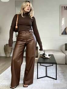 Women's Chic Wide-Leg Pants Made Of Synthetic Leather. - 咖啡棕 - 查看 2