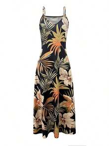 Vestido largo de tirantes informal con estampado de plantas para vacaciones de mujer - Negro - Ver 3