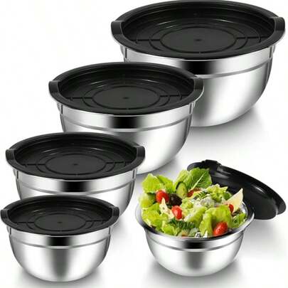 5 piezas Tazones de mezcla de ensalada de acero inoxidable con tapas, tazones de metal anidados, tazones de ensalada apilables, adecuados para cocina, cocción y preparación, 1/5 piezas Tazones de mezcla de ensalada de acero inoxidable con tapas, con base de silicona y almohadilla antideslizante, adecuados para almacenamiento de alimentos, preparación de comidas, ensaladas, utensilios/accesorios de cocina