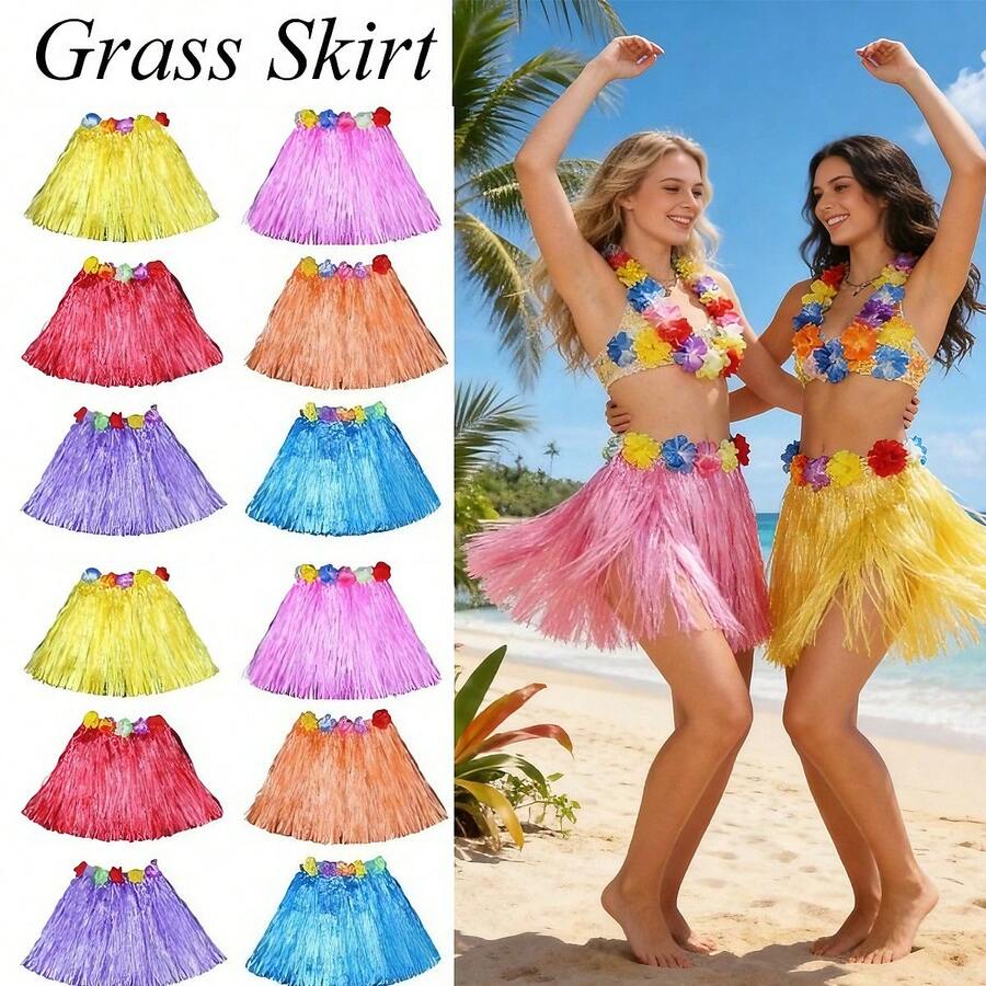 Bộ trang phục váy cỏ Hawaii 5 món kèm vòng hoa, bao gồm băng đô hoa nhiều màu sắc + vòng tay + vòng cổ + váy cỏ, thích hợp cho các lễ hội, tiệc hóa trang, biểu diễn, tiệc sinh nhật, trang phục đi biển, múa váy cỏ Hawaii. - nhiều màu - Xem 1