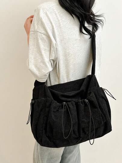 Túi đeo chéo unisex bằng vải nhung kẻ, dung tích lớn, nhiều ngăn, dây rút, kiểu dáng sinh viên, phù hợp cho sinh viên đại học.