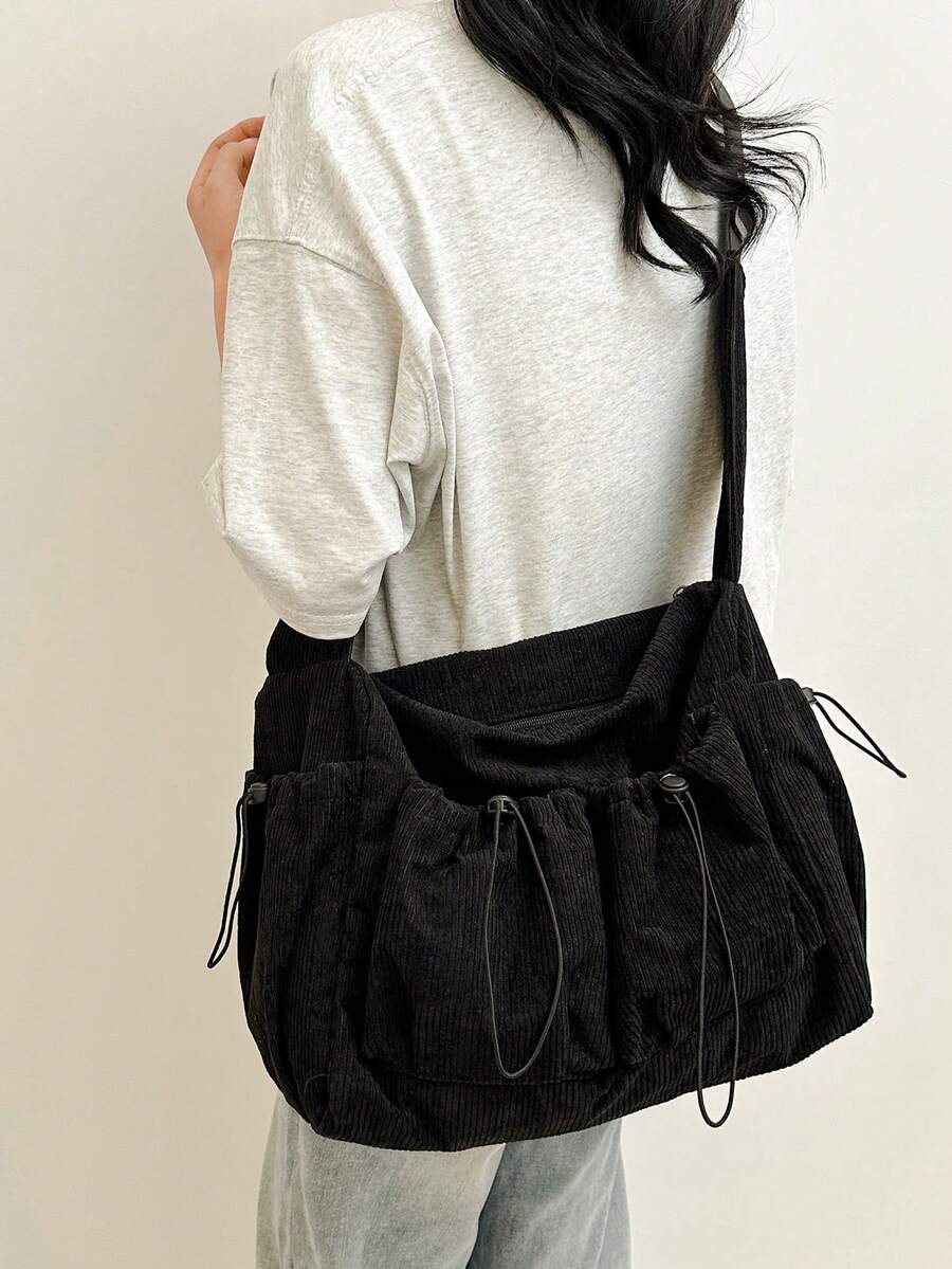 Unisex Corduroy Large Capacity Crossbody Bag, Multi-Pocket Drawstring Strap Shoulder Bag, College Style Suitable For University Students - Black - View 1