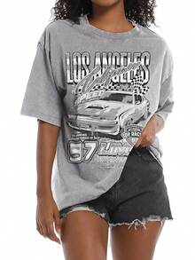 2026 New Summer Pairxily Oversized Graphic Tees For Women Baggy Streetwear Preppy Shirts For Teens Race Car Checkered Flag Drop Shoulder Top Casual T- - 淺灰色 - 查看 7