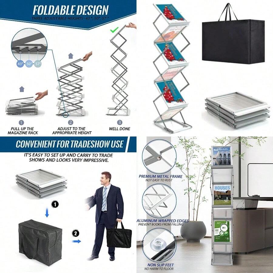 Estante de aluminio plegable de 6 bolsillos soporte para folletos soporte para revistas de folletos estante de literatura con bolsa de transporte para exposiciones ferias comerciales oficina - Gris - Ver 1