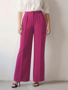 Pantalones holgados de cintura alta con pliegues, aptos para el trabajo y el uso casual, primavera/verano - Rosa Fucsia - Ver 7