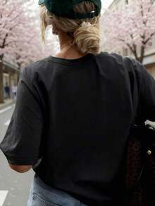 Camiseta informal de mujer de manga corta y cuello redondo de poliéster con estampado de planetas y lunas, ideal para uso diario.-Breathable High Quality - Gris Oscuro - Ver 12