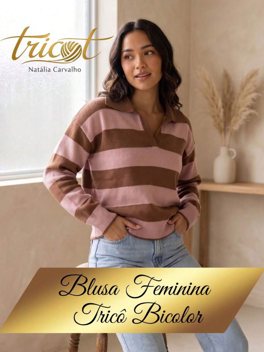 Women's Striped Knit Polo Neck Long Sleeve Ribbed Knit Sweater For Autumn/Winter - Marrón empolvado/rosa - Ver 1