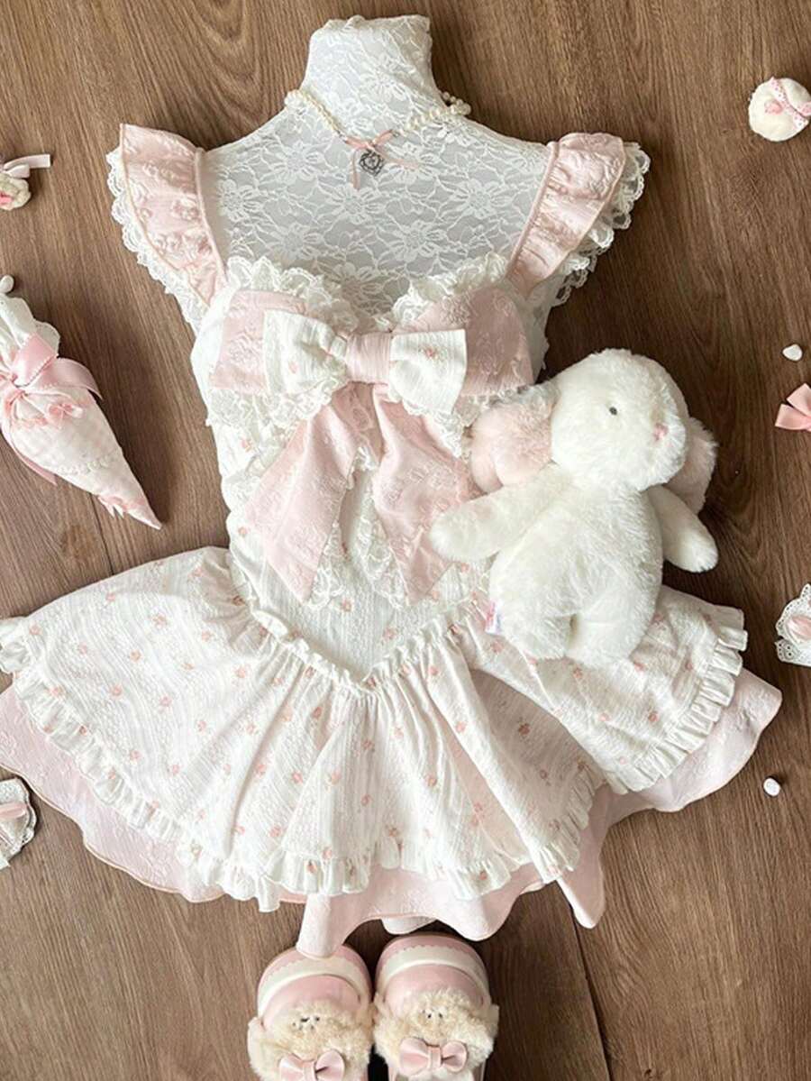 Sweet Lolita Bow Floral Small Flying Sleeve Dress Women's Summer Temperament Princess Skinny Fluffy Short Skirt - Dress (high Quality) - View 1