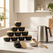 46pcs Black Round Candle Jars With Lids, Multipurpose Mini Storage Containers Suitable For Candle Making, Party Favors And Home Decor. Great For Crafters And Interior Design Enthusiasts. Includes 6 Jars And 40 Extra Accessories (Wicks, Candle Holders, Stickers) - Black Jar With Wood Grain Lid - View 6