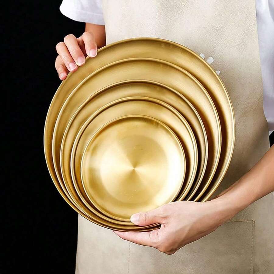 1个不锈钢金色甜点/咖啡托盘，西式餐盘，披萨盘，早餐咖啡茶点盘，金色装饰托盘，厨房用品