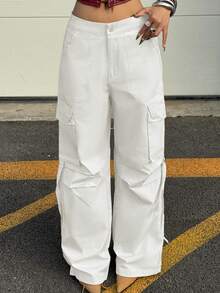 Y2K Lightweight Women's Cargo Pants, White, Semi-Transparent Quick-Drying Polyester Fabric, Street Style Flap Pockets, Drawstring Details, Loose Casual Comfortable Wide Leg Parachute Pants, Street Style, Spring/Summer/Autumn, Back To School - White - View 10