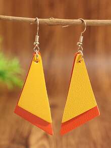 1 Pair Retro Minimalist Orange-Yellow Contrast Double-Layer Triangle PU Leather Earrings, Versatile Spring/Summer Jewelry - Orange - View 7