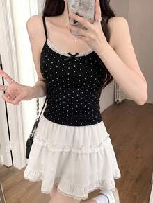 Lace Trim Polka Dot Camisole For Women, Summer Sleeveless Fitted Cropped Tank Top With Chest Pads Casual Black - Black - View 2