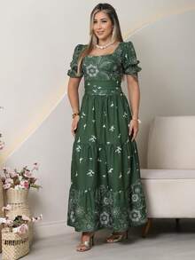 Women's Long Printed Premium Luxury Elegant Casual Party Dress With Ruffled Fabric, Perfect For Weddings, Home, Baby Showers, And Dates. - 軍綠色 - 查看 5