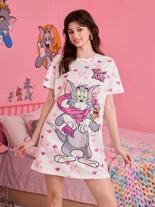 Noctvar OBM Sleepwear X TOM & JERRY Áo ngủ nữ mềm mại và thoáng khí in hình mèo và chuột, dáng rộng, tay ngắn, thích hợp mặc thường ngày. - Nhiều màu - Xem 2