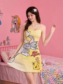Noctvar OBM Sleepwear X TOM & JERRY 汤姆和杰瑞联名款女士吊带睡裙，可爱卡通印花，亲肤家居服 - 黃色 - 查看 2
