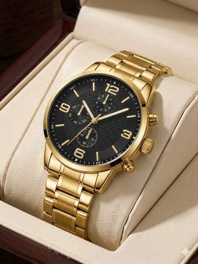1件，男士手表，时尚金色商务石英表，不锈钢表带，适合日常、商务、休闲等各种场合佩戴，或作为生日礼物、节日礼物送给男友。