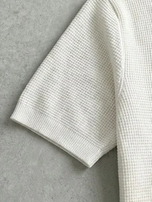 GRDR 男士素色華夫格針織 Polo 衫，翻領設計，短袖，輕便休閒上衣 - 白色 - 查看 9