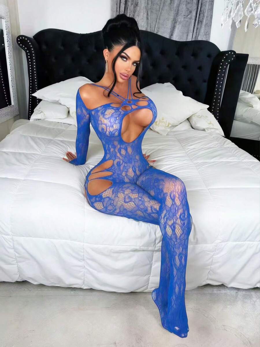 Lencería sexy para mujer Bodystockings, lencería de una pieza de red transparente, medias sexy para noche de bodas, San Valentín - Azul - Ver 1