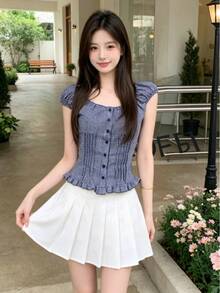Women Tops - Navy Blue Plaid - View 1