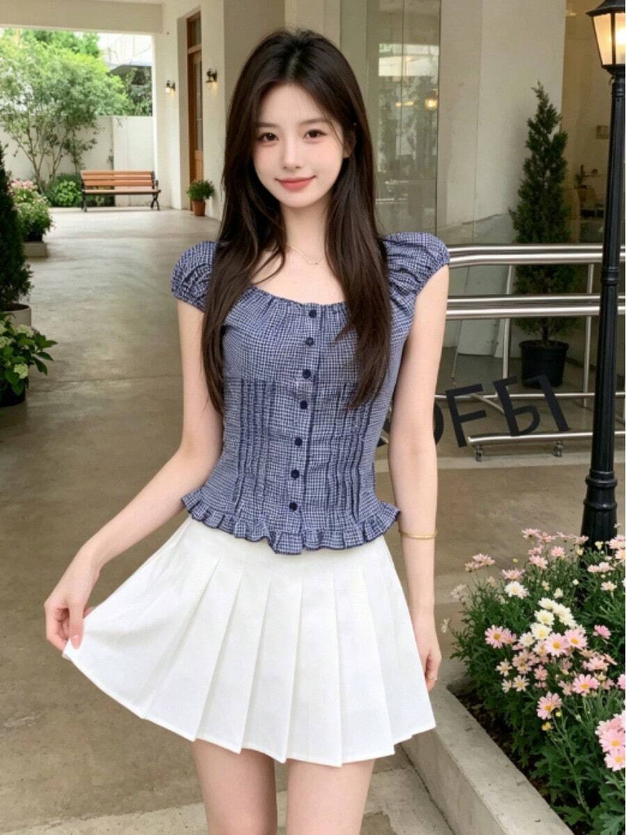 Women Tops - Navy Blue Plaid - View 1
