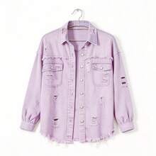 Plus Size Women's Distressed Denim Jacket, Frayed Hem, Button Front, Boyfriend Style Denim Outerwear, Western Cowgirl Shacket With Pockets Casual Spring - Purple - View 5