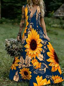 Women's V-Neck Sleeveless Tank Maxi Dress Boho Navy Sunflower Floral Pattern Flowy Long Dress For Daily Casual Party Outdoor Activity Vacation Streetwear Loose Comfortable Summer Dress - Màu hỗn hợp - Xem 3