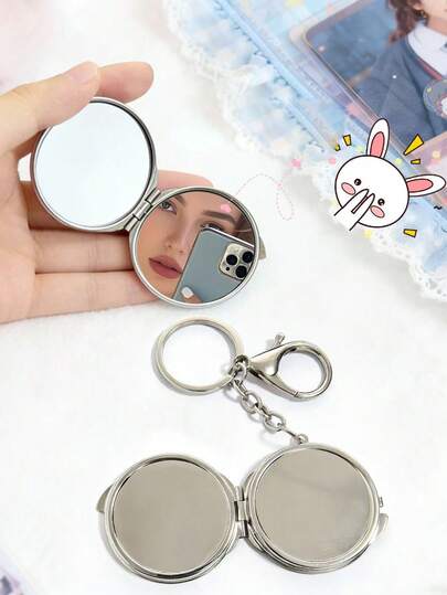 1 chiếc gương trang điểm mini, chất liệu kim loại màu bạc, gương gập hai mặt, phụ kiện móc khóa DIY hình gương, thích hợp làm quà tặng khuyến mãi, quà tặng ngày lễ, sử dụng cá nhân.