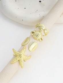 4pcs Seashell, Starfish, Turtle Shaped Boho Vintage Style Rings, Classic Gold Color Fashion Rings For Women - Gold - View 4