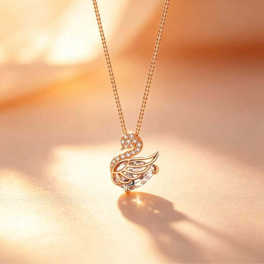 Rhinestone Necklace, Delicate Collarbone Chain, Korean Elegant Luxury Sparkling Wing Pendant - Rose Gold - View 1