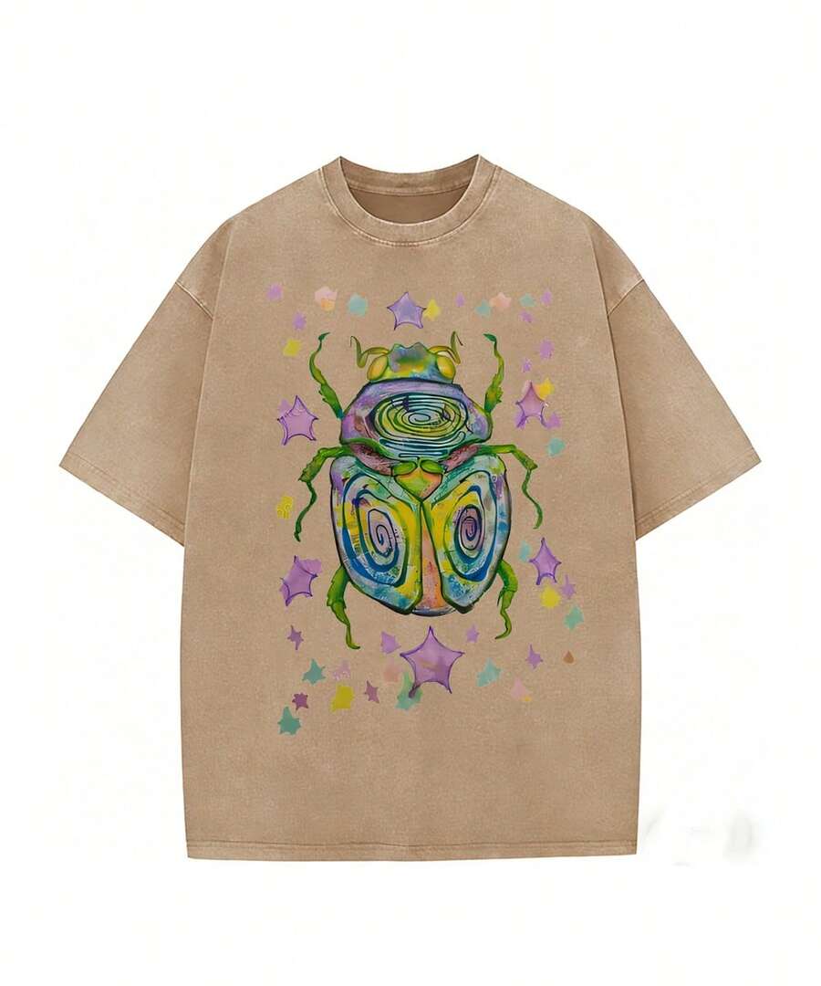 CottonWashable T-Shirt-Colorful Beetle Party Printed T-Shirt,Perfect For Everyday Wear,Gifts For Father'S Day-Summer Tops-New Summer Outfits For Women - 棕色 - 查看 1