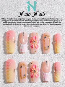NAIO 10片/組 手工壓接式假指甲，3種尺寸：棺材形/杏仁形/短方形指尖，Y2K辣妹風，裸色/黃色/粉色法式邊緣，混色，花卉浮雕，貝殼波浪圖案，奶油質感，女款女孩，派對與日常穿搭，工具組，禮品美甲用品 - 彩色 - 查看 16